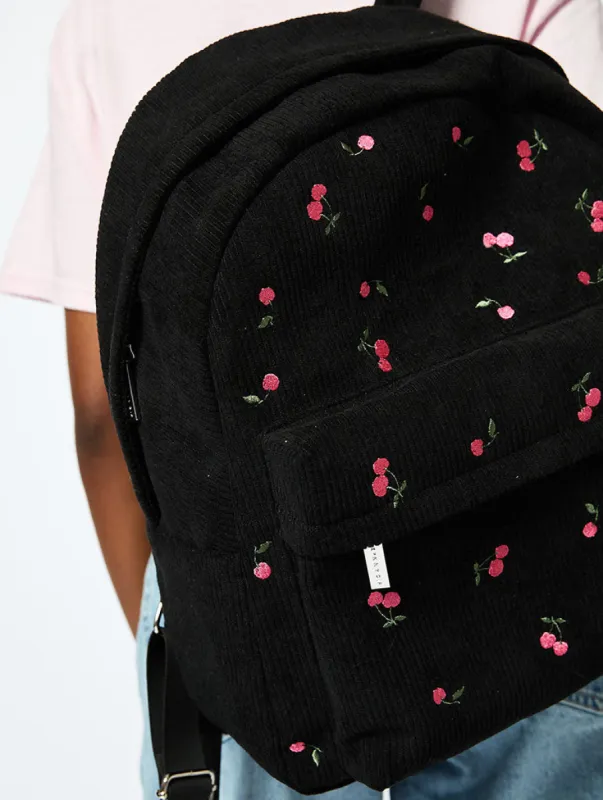 Cherry Embroidered Backpack in Black sold by Skinnydip London