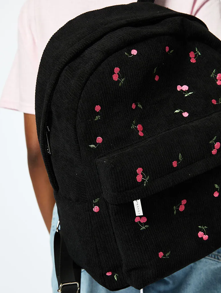 Cherry Embroidered Backpack in Black sold by Skinnydip London