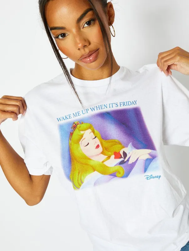 Disney Sleeping Beauty Wake Me Up T-Shirt in White sold by Skinnydip London