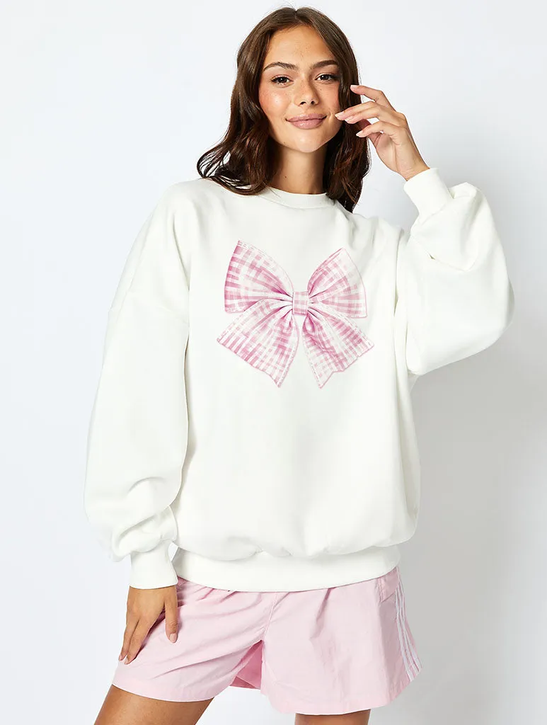 Large Pink Bow Sweatshirt in Ecru sold by Skinnydip London