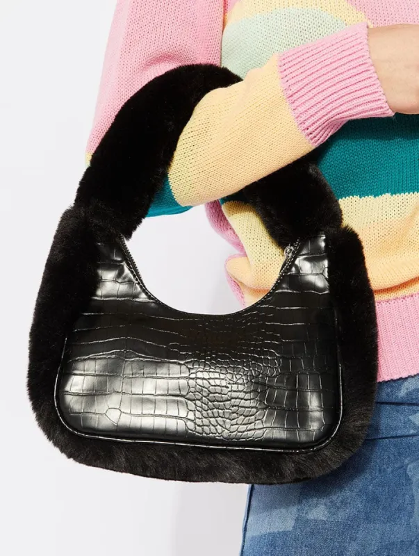 Hadlee Noir Fluff and Croc Shoulder Bag sold by Skinnydip London