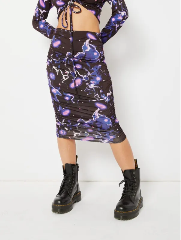 Ruched Midi Skirt in Galactic Print Co-ord sold by Skinnydip London