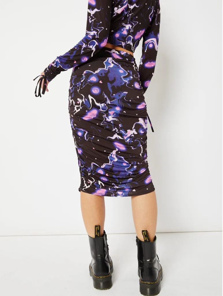 Ruched Midi Skirt in Galactic Print Co-ord sold by Skinnydip London product image thumbnail 3