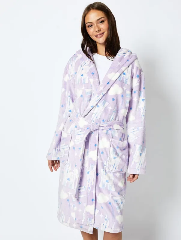 Disney Living In a Fantasy Print Dressing Gown in Lilac sold by Skinnydip London