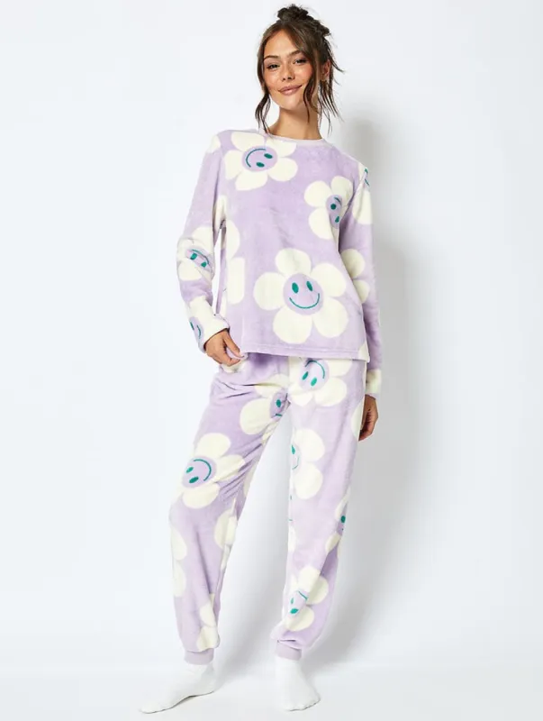 Happy Flower Fleece Pyjama Set in Lilac sold by Skinnydip London