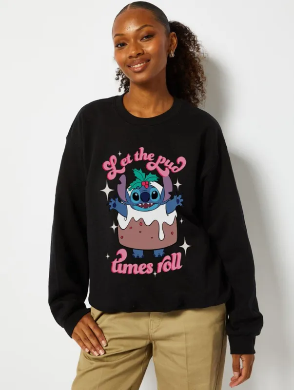 Disney Stitch Christmas Pudding Sweatshirt in Black sold by Skinnydip London