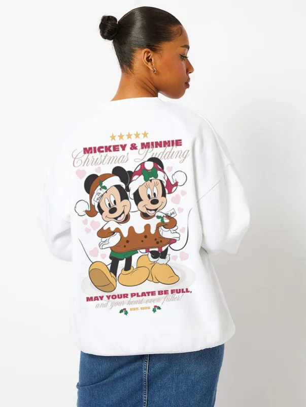 Disney Mickey & Minnie Christmas Pudding Sweatshirt in Ecru sold by Skinnydip London