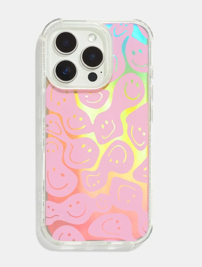 Pink Warped Happy Face Holo Foil Shock iPhone Case sold by Skinnydip London