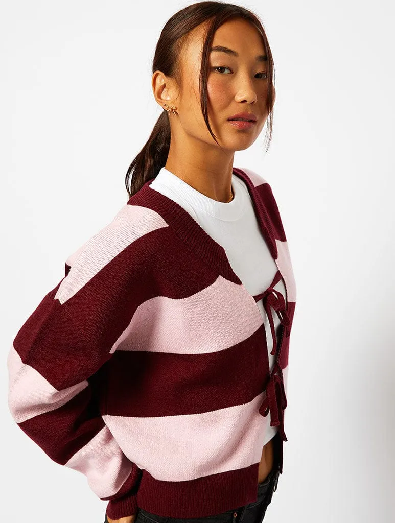 Bow Knitted Cardigan in Pink & Burgundy Stripe sold by Skinnydip London product image thumbnail 2