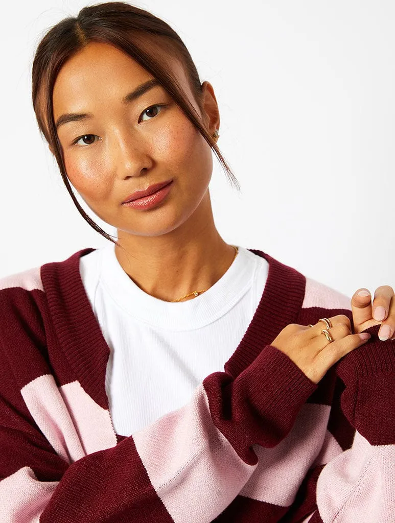 Bow Knitted Cardigan in Pink & Burgundy Stripe sold by Skinnydip London product image thumbnail 3