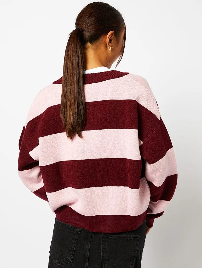 Bow Knitted Cardigan in Pink & Burgundy Stripe sold by Skinnydip London product image thumbnail 4