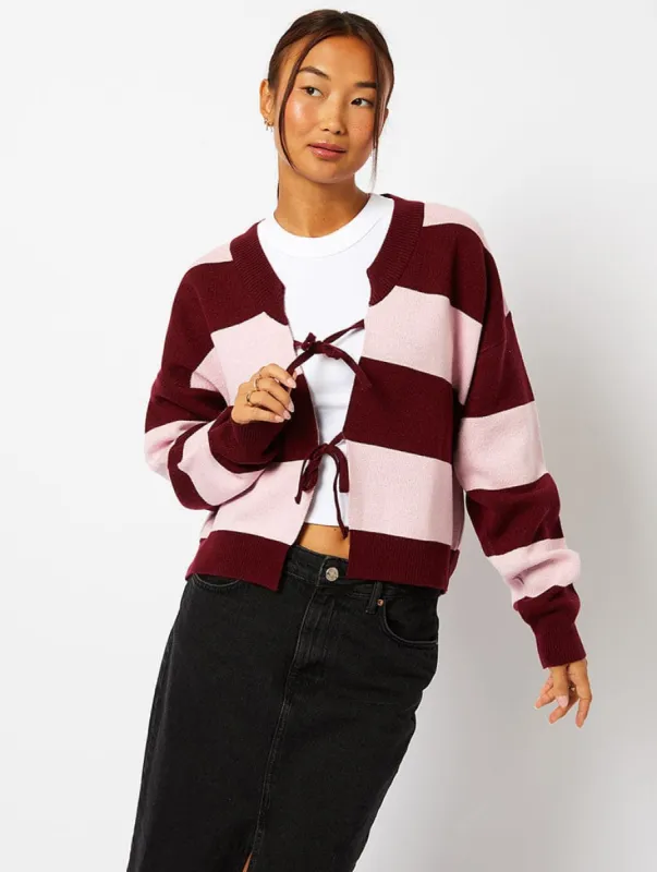 Bow Knitted Cardigan in Pink & Burgundy Stripe sold by Skinnydip London