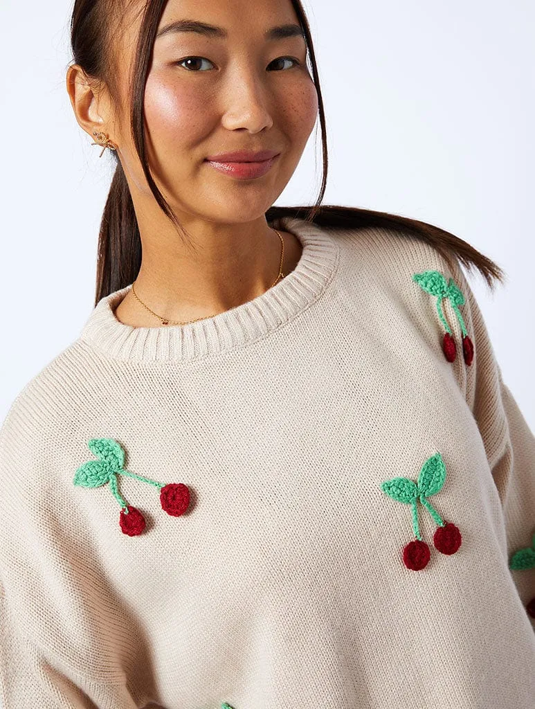 Applique Crochet Cherry Knitted Jumper in Cream sold by Skinnydip London product image thumbnail 2