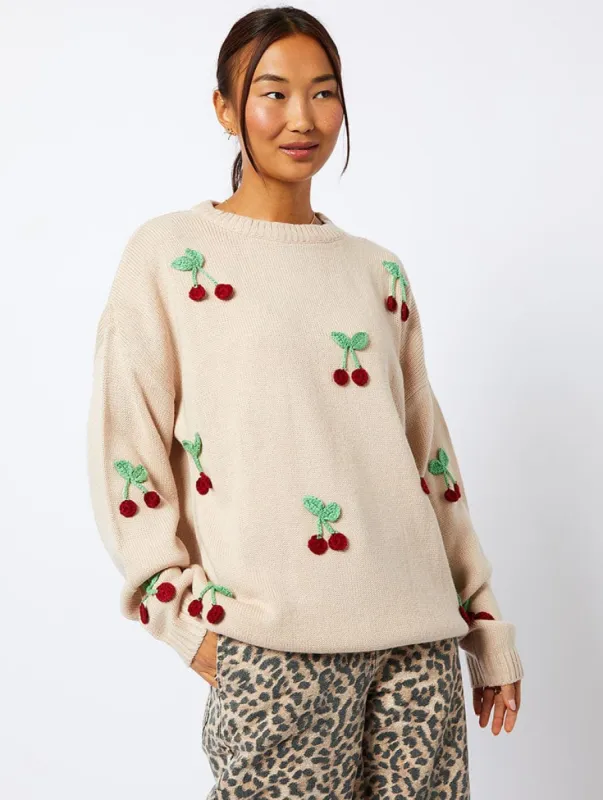 Applique Crochet Cherry Knitted Jumper in Cream sold by Skinnydip London
