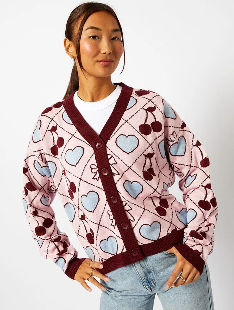 Quilted Cherry & Bow Cardigan in Multi sold by Skinnydip London