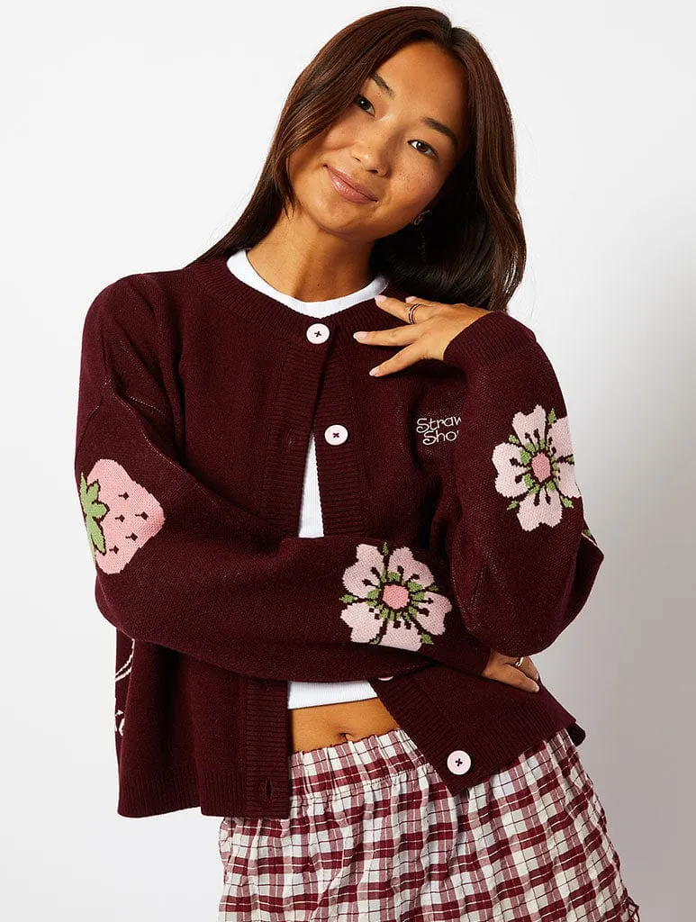 Strawberry Shortcake x Skinnydip Burgundy Knitted Cardigan sold by Skinnydip London