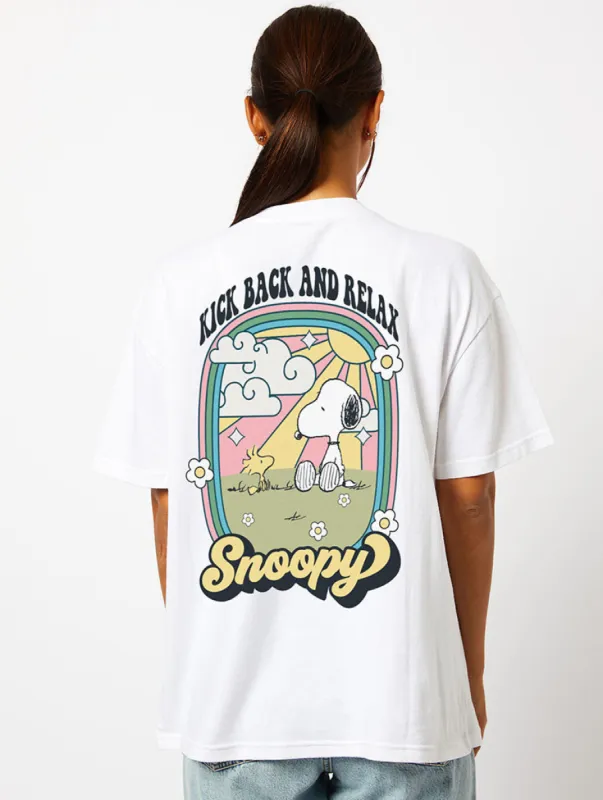 Peanuts x Skinnydip Snoopy Kick Back & Relax T-Shirt in Ecru sold by Skinnydip London