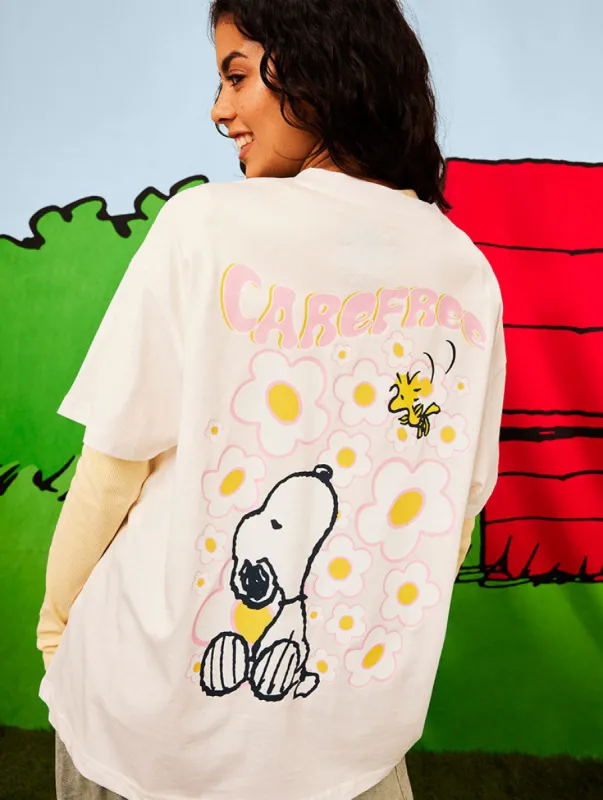 Peanuts x Skinnydip Snoopy Care Free T-Shirt in Ecru sold by Skinnydip London