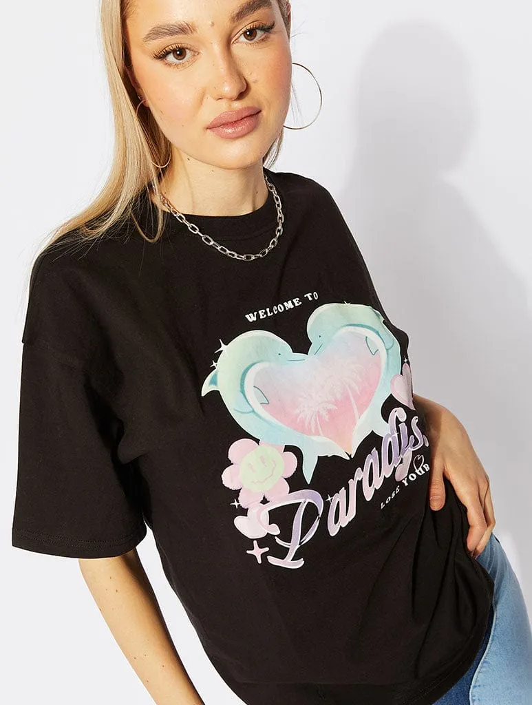 Paradise Dolphin Graffiti Black Oversized T-Shirt sold by Skinnydip London