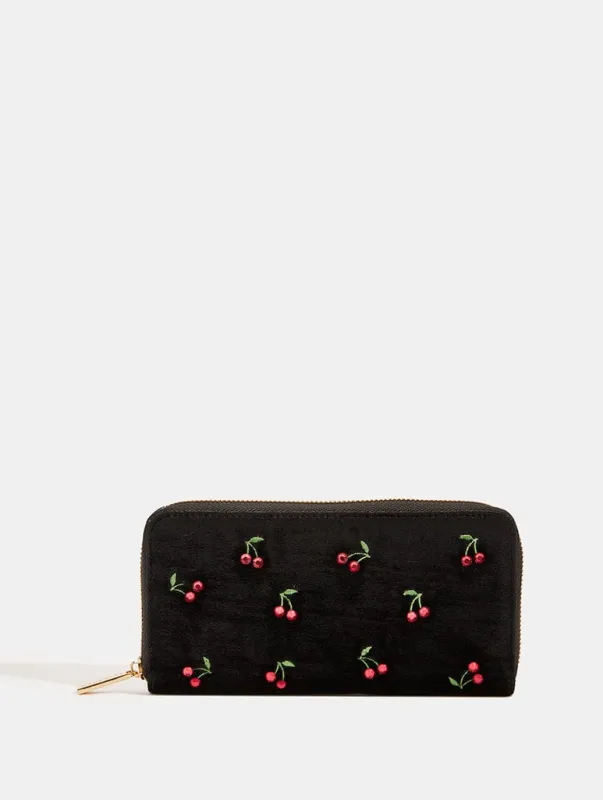 Cherry Gem Embroidered Velvet Long Purse sold by Skinnydip London