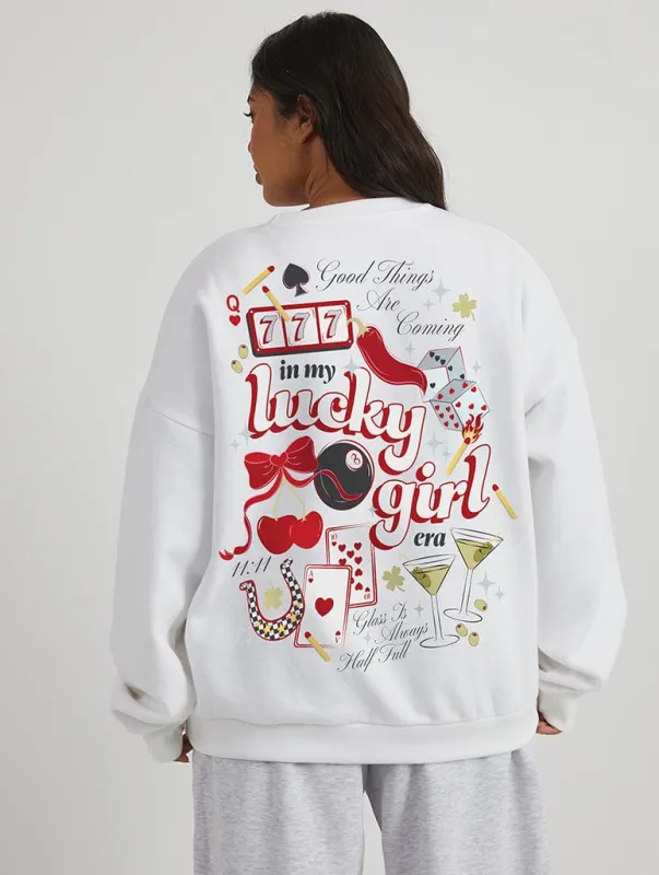 Lucky Girl Sweatshirt In Ecru sold by Skinnydip London