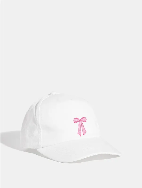 Pink Gingham Bow Cap in White sold by Skinnydip London