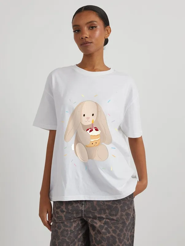 Bunny Birthday T-Shirt in Ecru sold by Skinnydip London