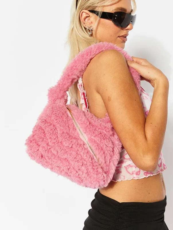Isabel Pink Fluffy Zipped Shoulder Bag sold by Skinnydip London