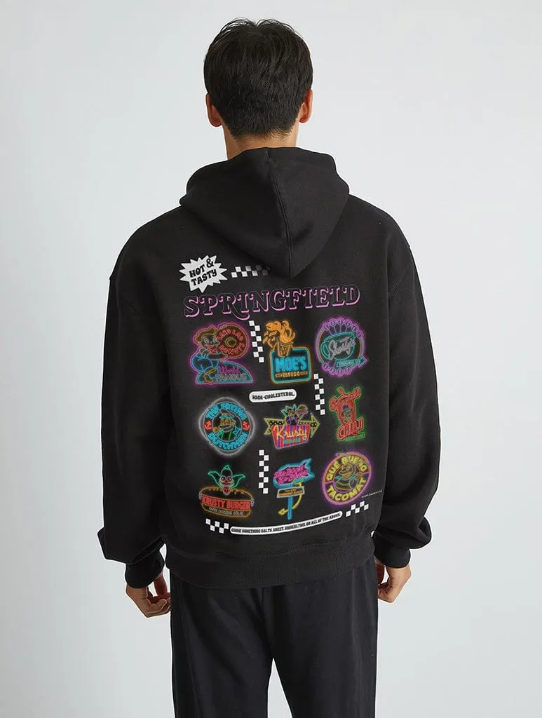 The Simpsons Springfield Fast Food Hoodie in Black sold by Skinnydip London