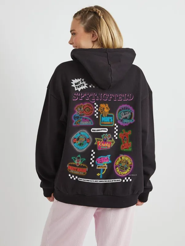 The Simpsons Springfield Fast Food Hoodie in Black sold by Skinnydip London