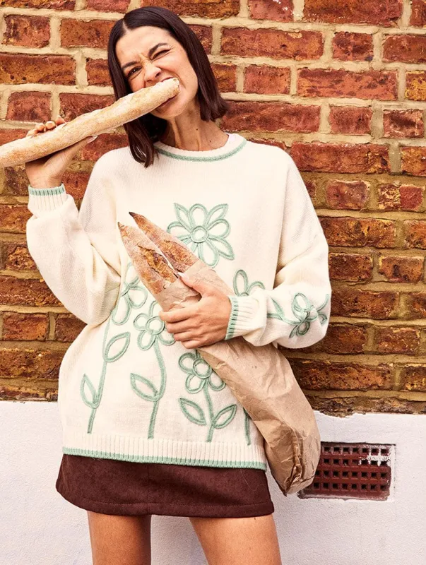 Floral Applique Knitted Jumper in Cream & Sage sold by Skinnydip London