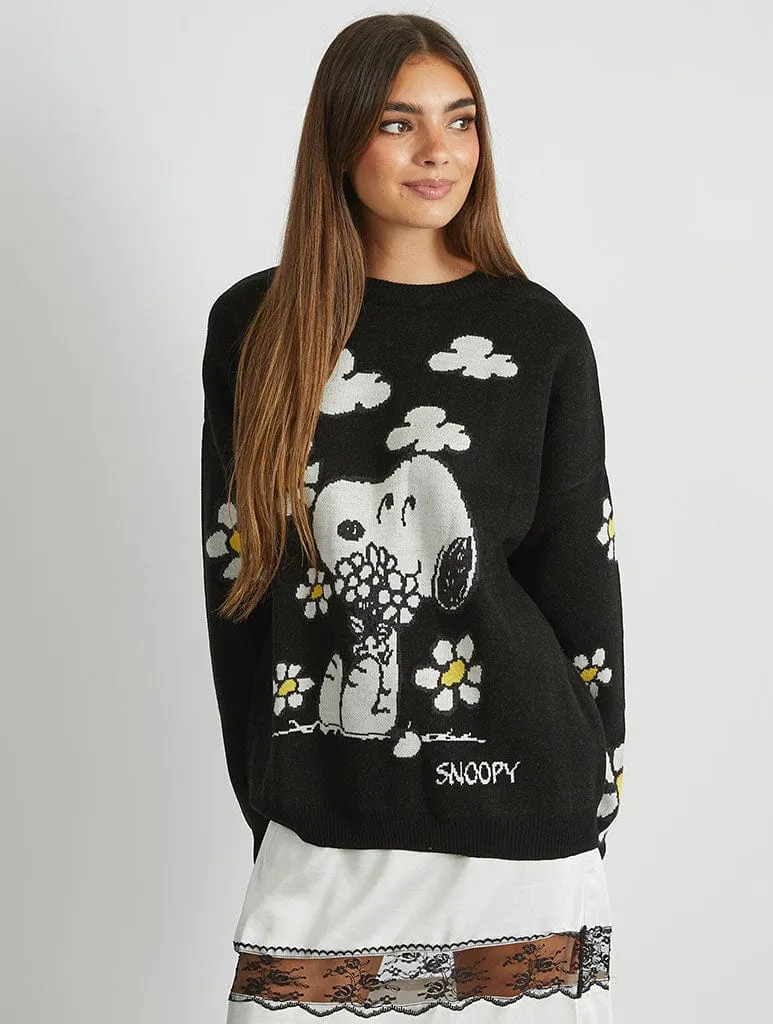 Peanuts x Snoopy Flower Black Knitted Jumper sold by Skinnydip London