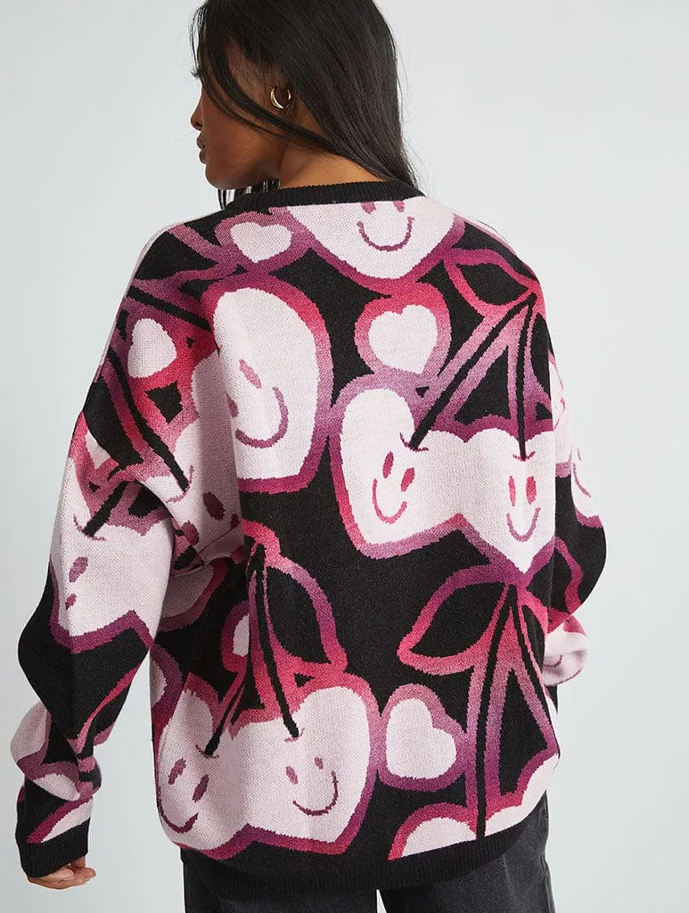 Happy Cherries Knitted Jumper in Black & Pink sold by Skinnydip London product image thumbnail 4