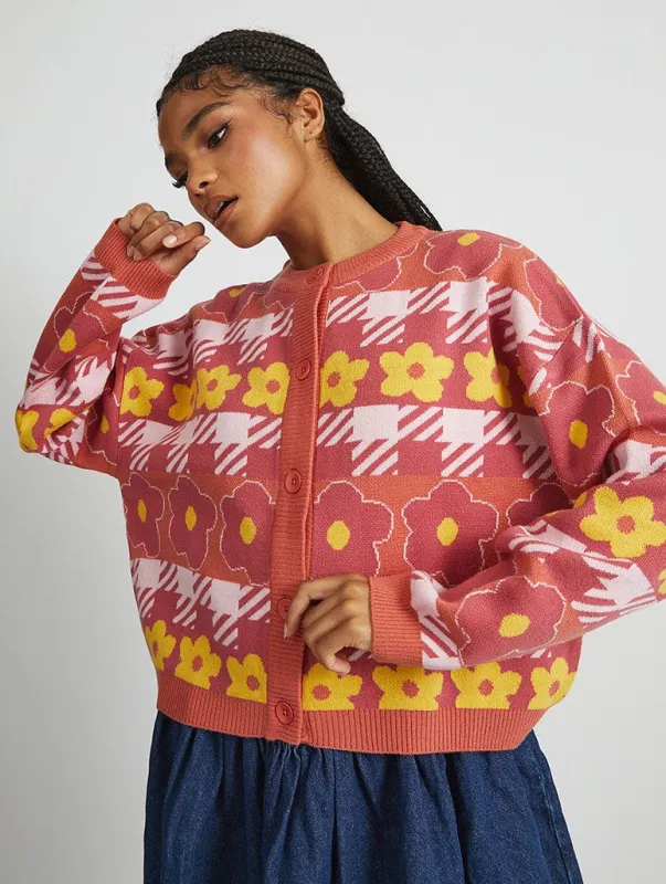 Houndstooth Flower Knitted Cardigan sold by Skinnydip London