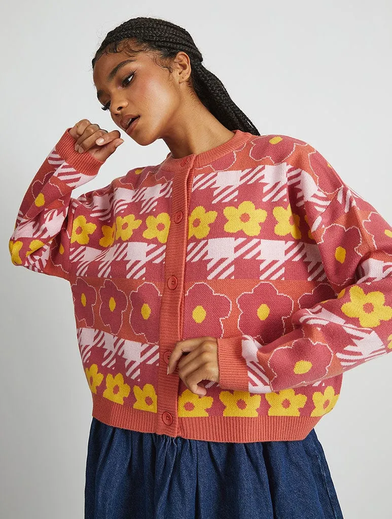 Houndstooth Flower Knitted Cardigan sold by Skinnydip London