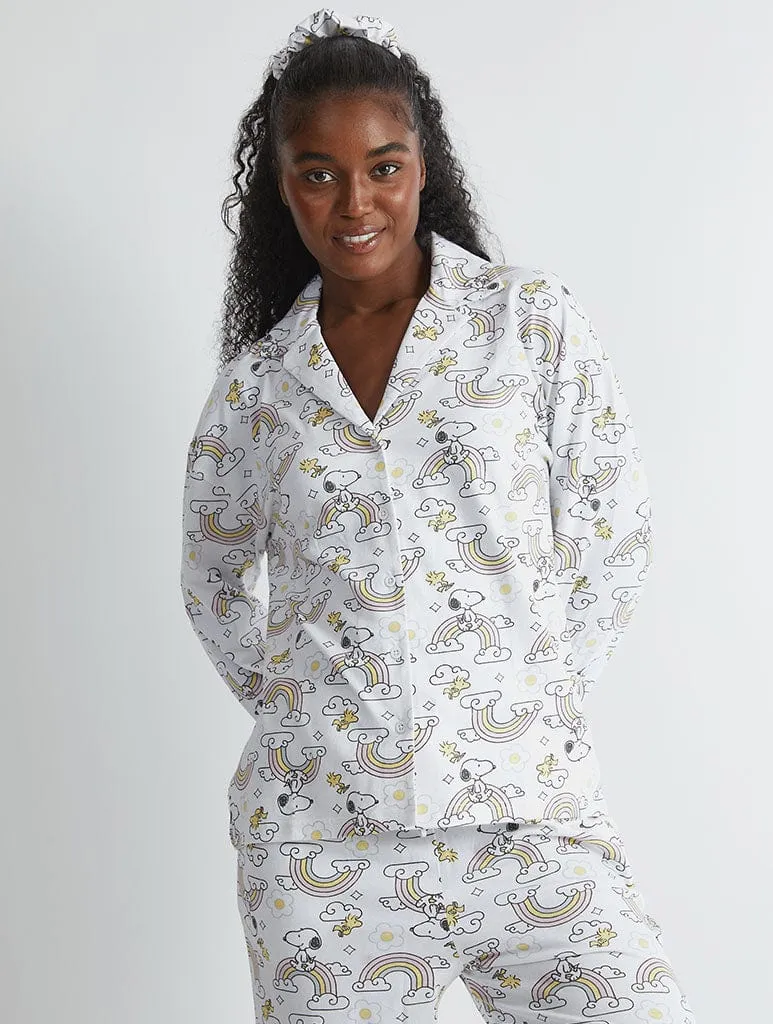 Peanuts x Skinnydip Snoopy Rainbow Print Pyjama Set in Ecru sold by Skinnydip London