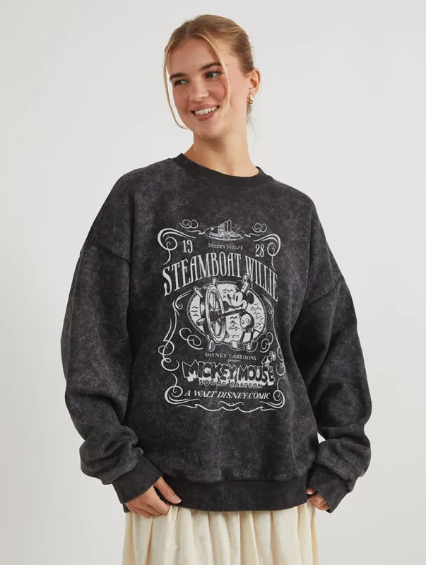 Disney Steamboat Willie Sweatshirt In Acid Wash sold by Skinnydip London