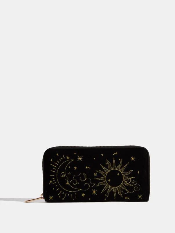 Celestial Sun & Moon Black Velvet Long Purse sold by Skinnydip London