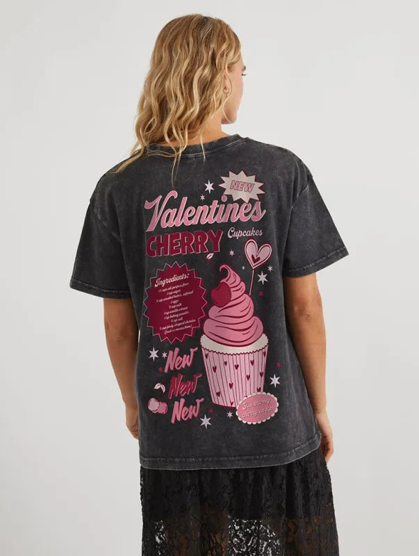 Valentine's Cherry Cupcake T-Shirt In Acid Wash made by Skinnydip London