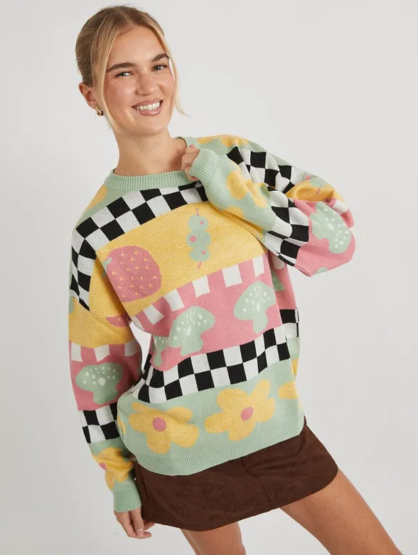 Checkerboard Strawberry and Olive Knitted Jumper made by Skinnydip London