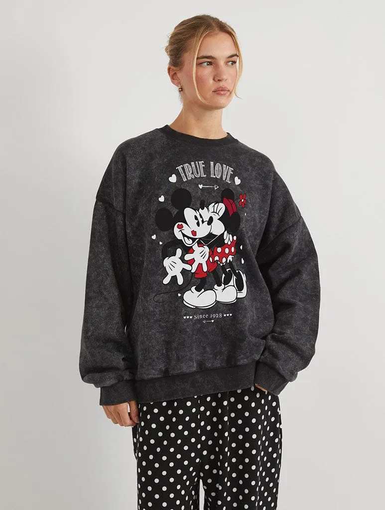 Disney Mickey and Minnie True Love Sweatshirt In Acid Wash sold by Skinnydip London