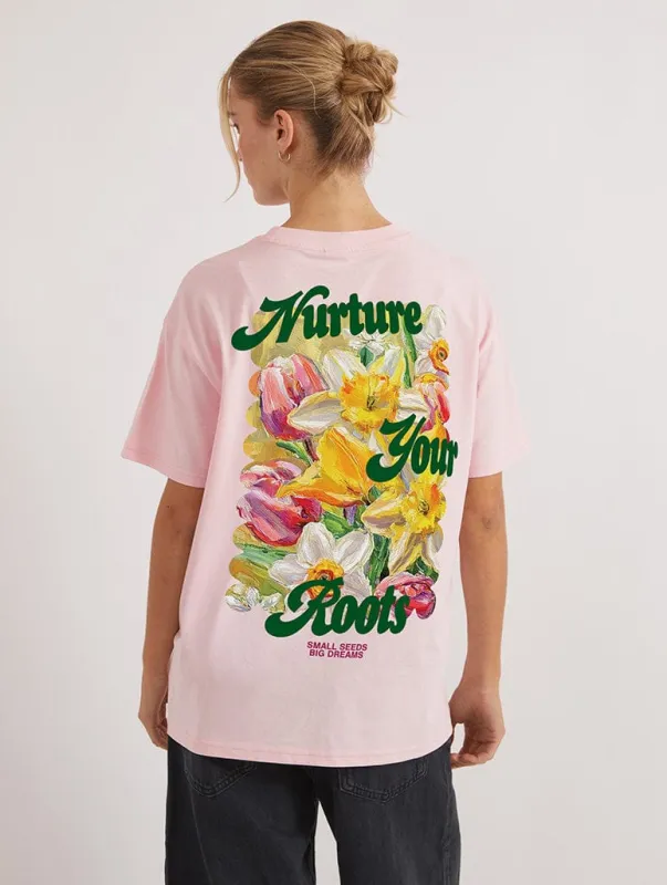 Nurture Your Roots T-Shirt In Pink sold by Skinnydip London