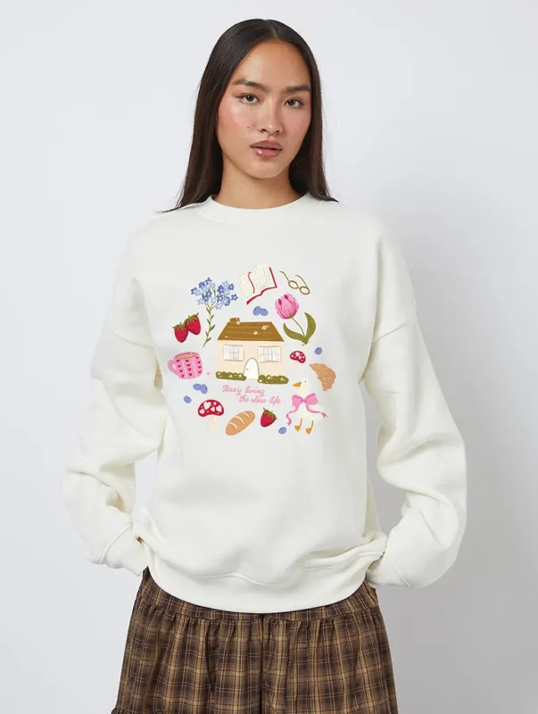 Busy Living The Slow Life Sweatshirt In White sold by Skinnydip London