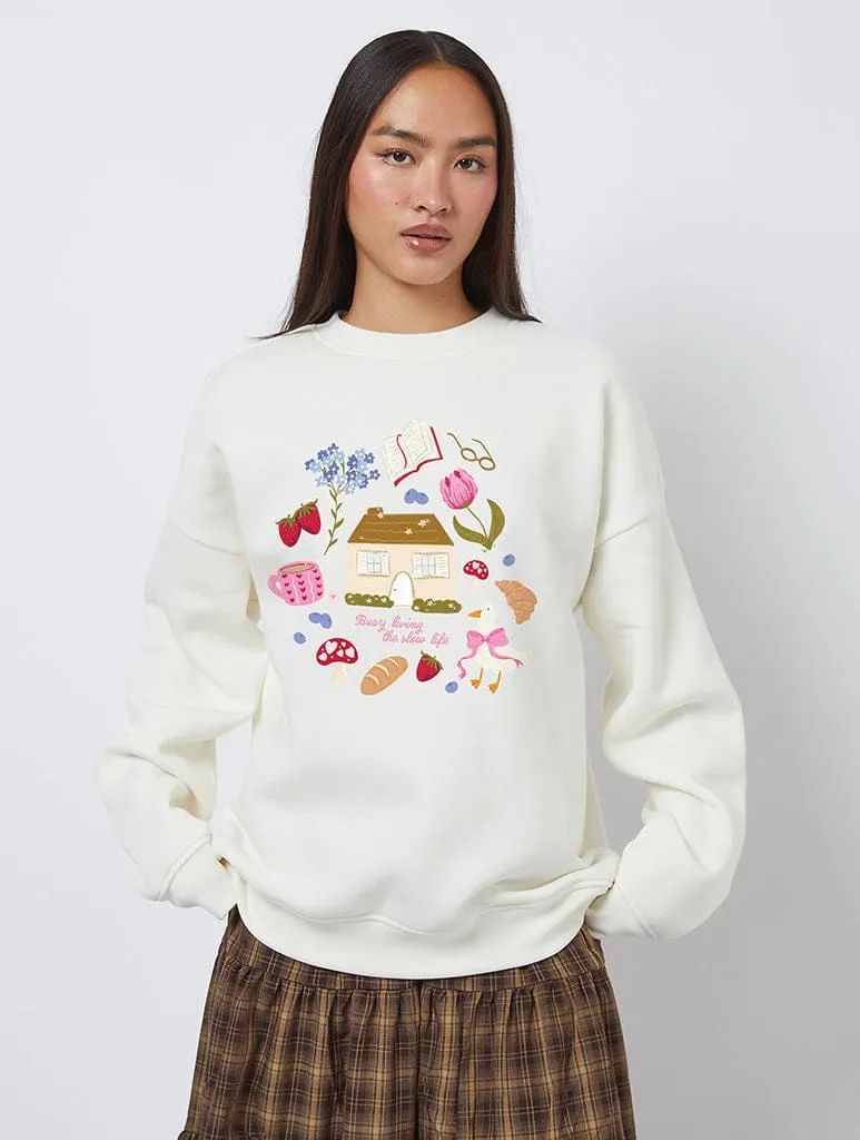 Busy Living The Slow Life Sweatshirt In White sold by Skinnydip London
