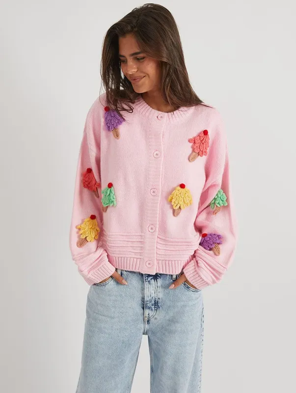 3D Ice Cream Pink Knitted Cardigan made by Skinnydip London