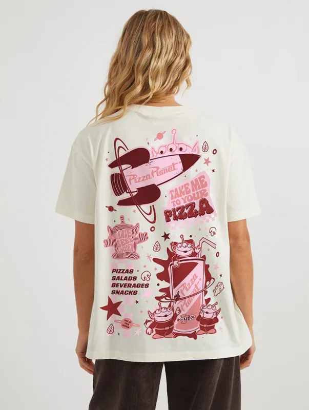 Disney Pixar Aliens Pizza Planet Poster T-Shirt In White sold by Skinnydip London