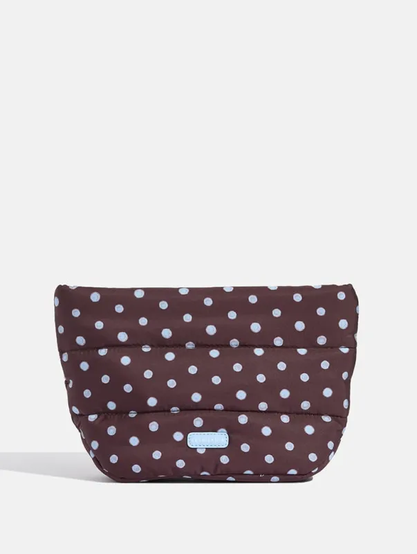 Polka Dot Pillow Pouch Makeup Bag in Brown & Blue made by Skinnydip London