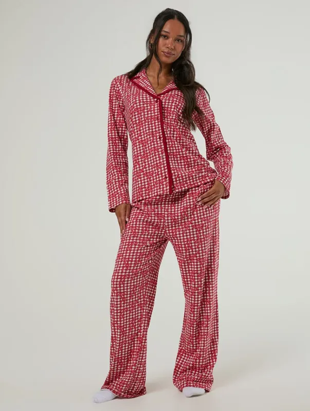 Gingham Bow Christmas Pyjama Set with Scrunchie made by Skinnydip London
