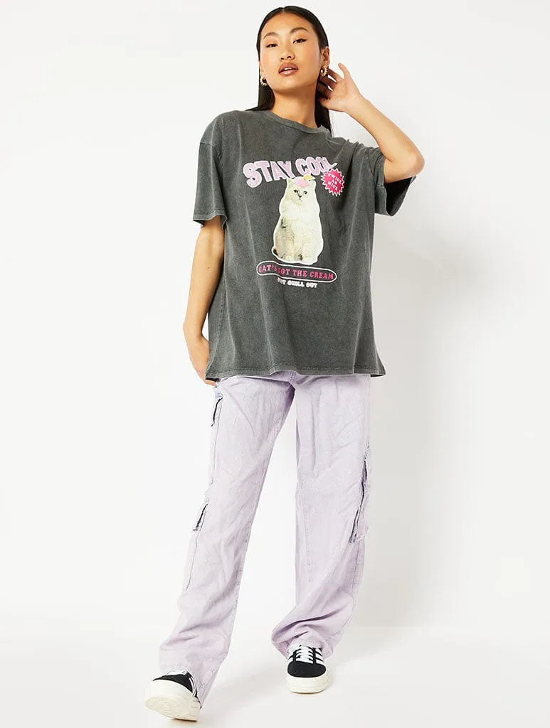 Stay Cool Cat Oversized Acid Wash T-Shirt sold by Skinnydip London product image thumbnail 2
