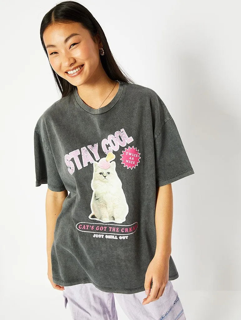 Stay Cool Cat Oversized Acid Wash T-Shirt sold by Skinnydip London